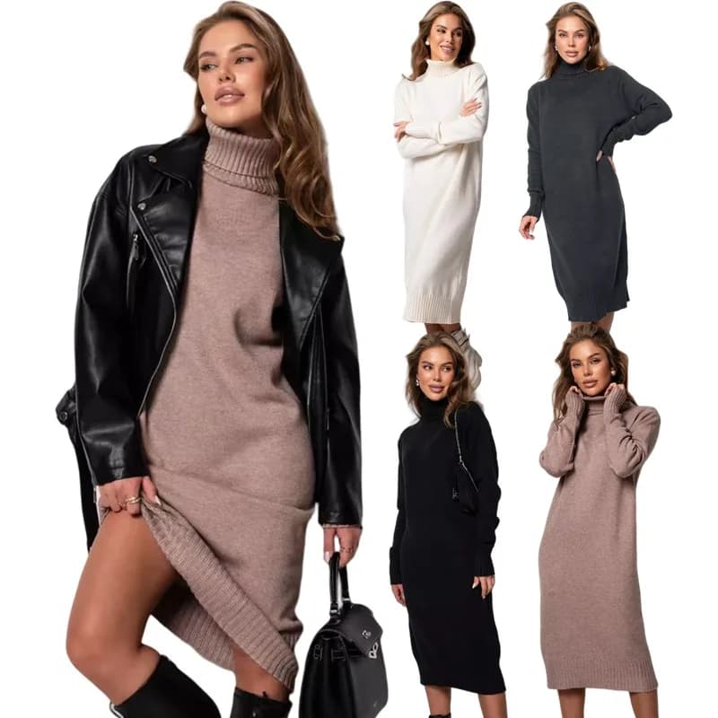 Autumn And Winter Knitted Long Turtleneck Sweater Straight Slim Loose Dress Sweater Women