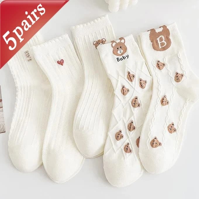 5 Pairs Medium Socks Cartoon Stripes Women's Ins Japanese Korean Socks Girls' Harajuku Socks Autumn Knitted High-quality Socks