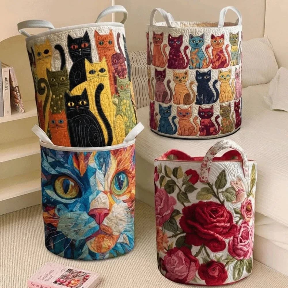Cesto portabiancheria trapuntato Boho in tessuto floreale 14×18 pollici, contenitore portaoggetti con manici, cesto morbido per vestiti e giocattoli