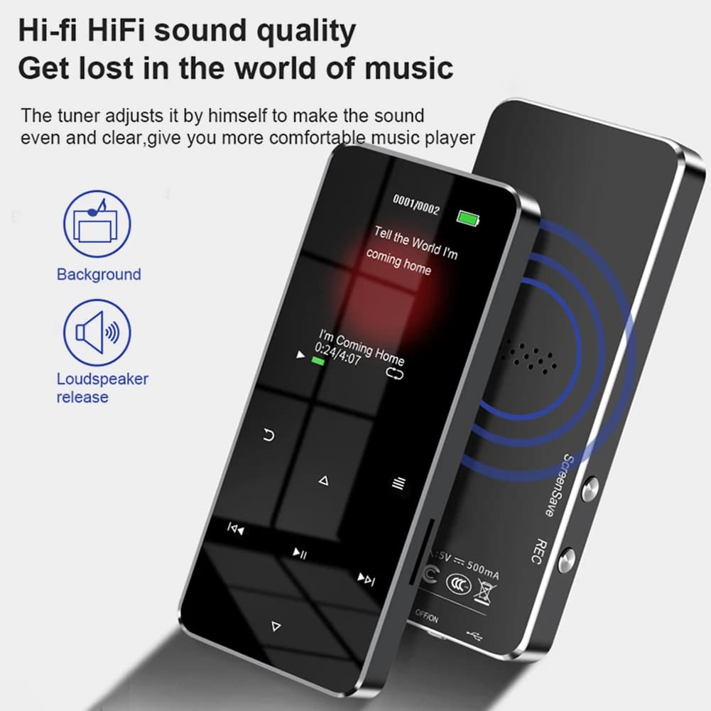 Lettore musicale TFT da 1,8 pollici con touch screen, compatibile con Bluetooth 5.0, lettore musicale MP3, radio FM con registrazione e-book e altoparlante integrato