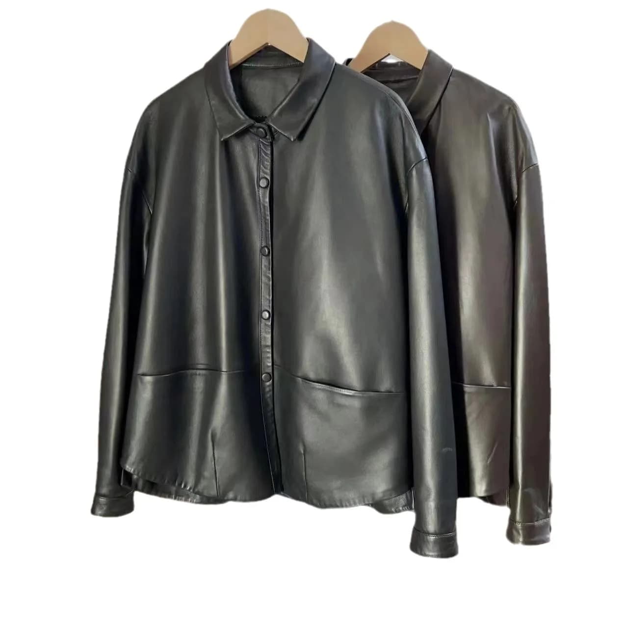 High Quality Leather Jacket Women's High-End Top Layer Vegetable Tanned Sheepskin Lapel Clothes Casual Simple Coat