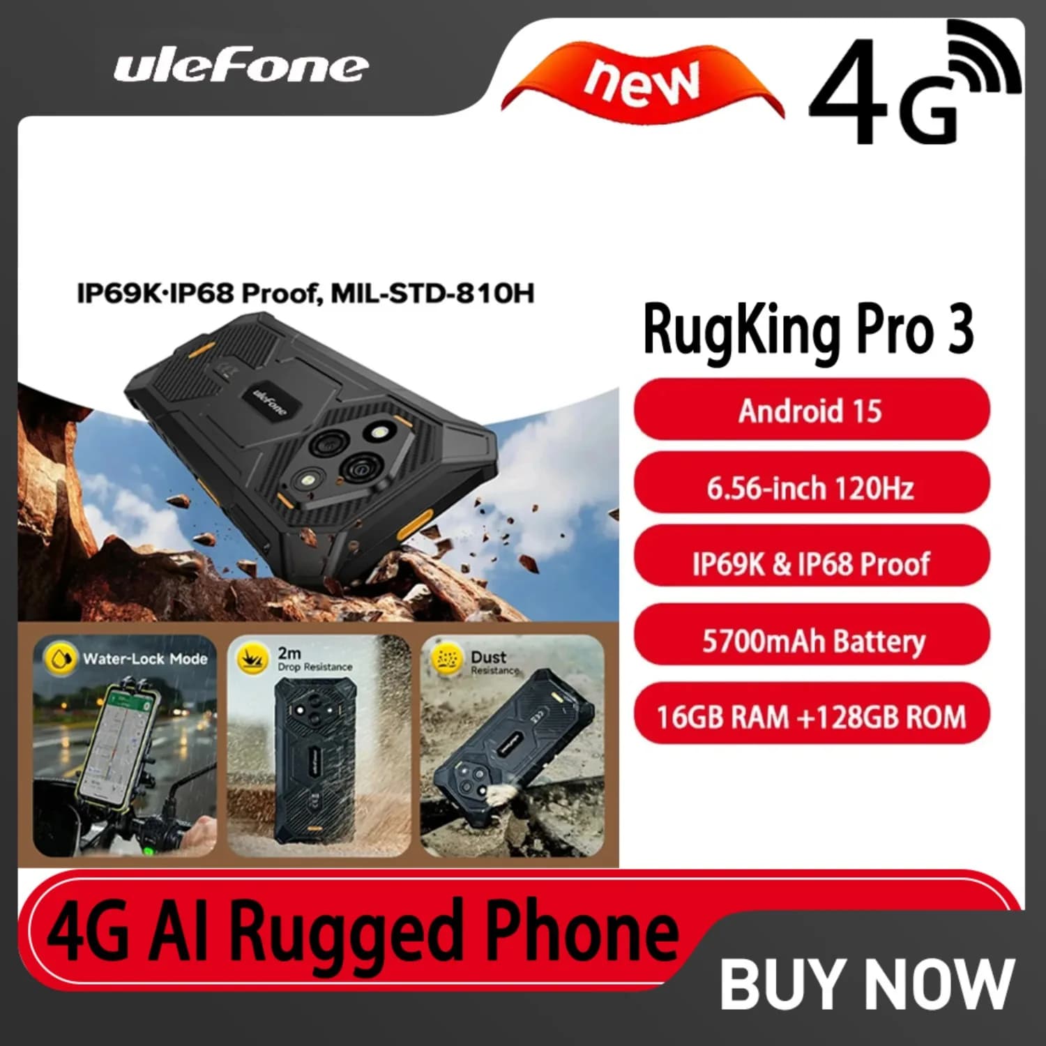 Ulefone RugKing Pro 3 Globale, Telefono Rugged 4G AI, Schermo 6.56 Pollici 120Hz, Batteria 5700mAh, Fotocamera Macro 48MP, Fotocamera 2MP, Android 15, 16GB RAM, 128GB ROM, NFC