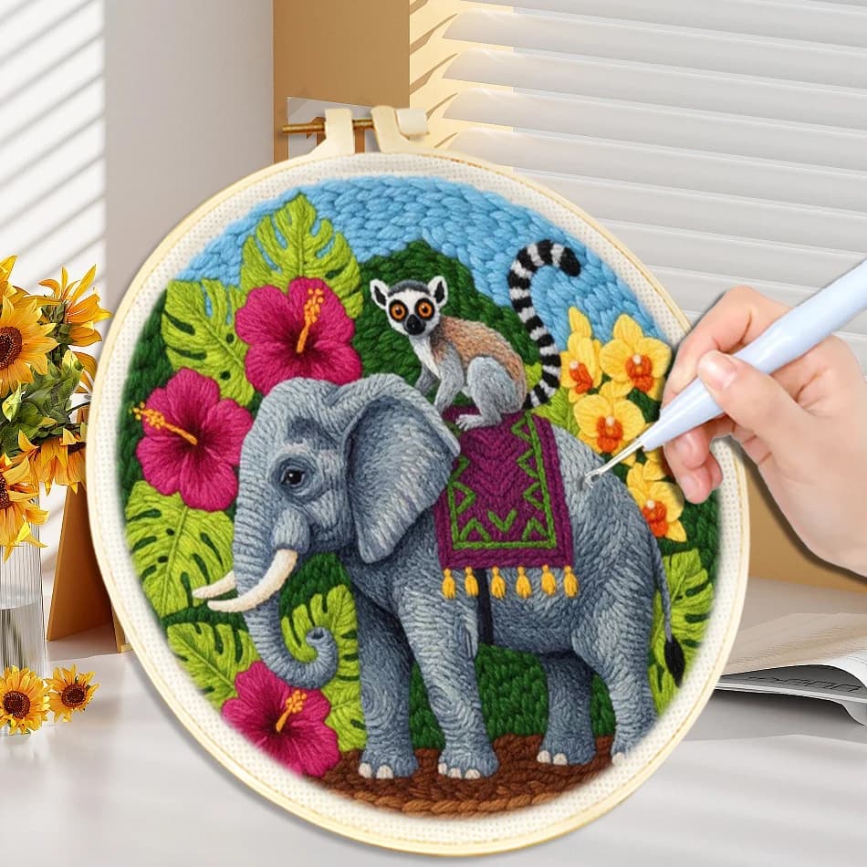 DIY Punch Needle Kits Elephant Flower Animal Pattern Fabric With Hoop Easy For Beginners Yarn Embroidery Starter Set Craft Hobby