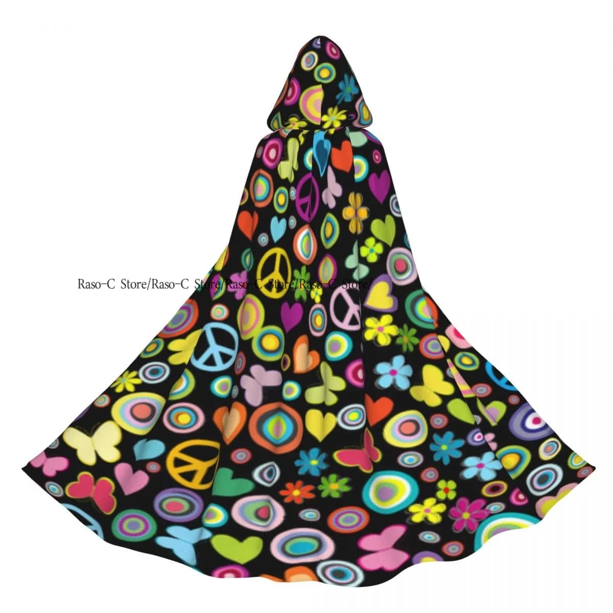 Adult Cloak Cape Hooded Flowers Circles Hearts Butterflies Medieval Costume Witch Wicca Vampire Elf Purim Carnival Party