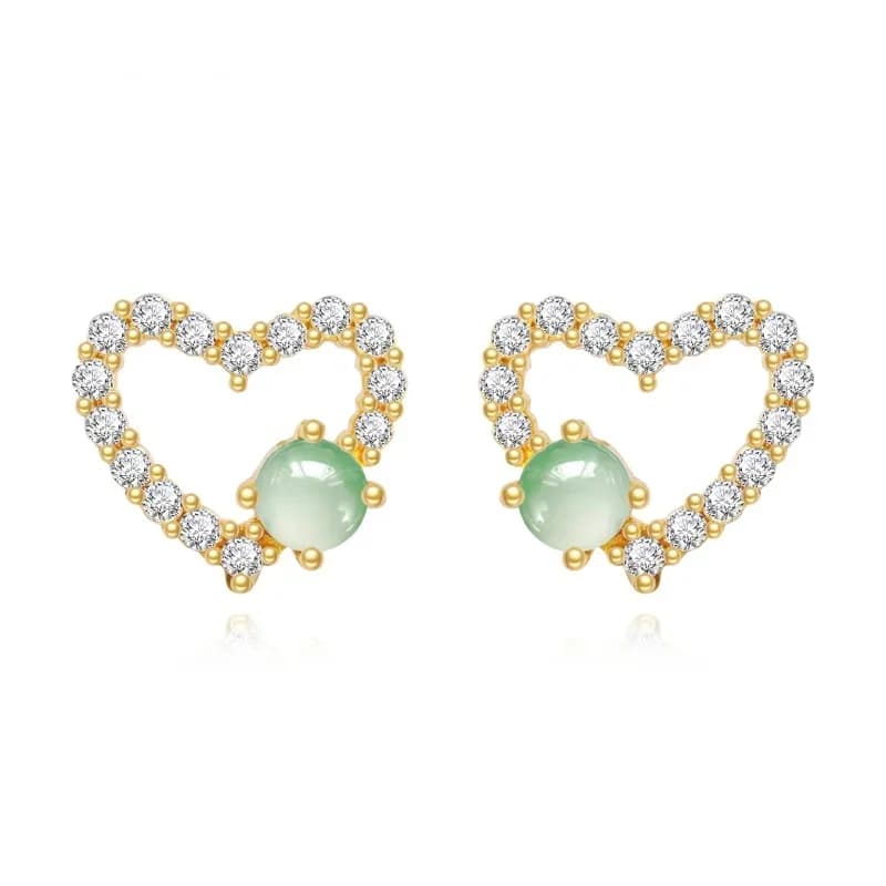 Hot-Sale Gold-Plated Hollow Heart Earrings Natural Jadeite Zircon Border Love Earrings Women'S Daily Boutique Jewelry,Gift