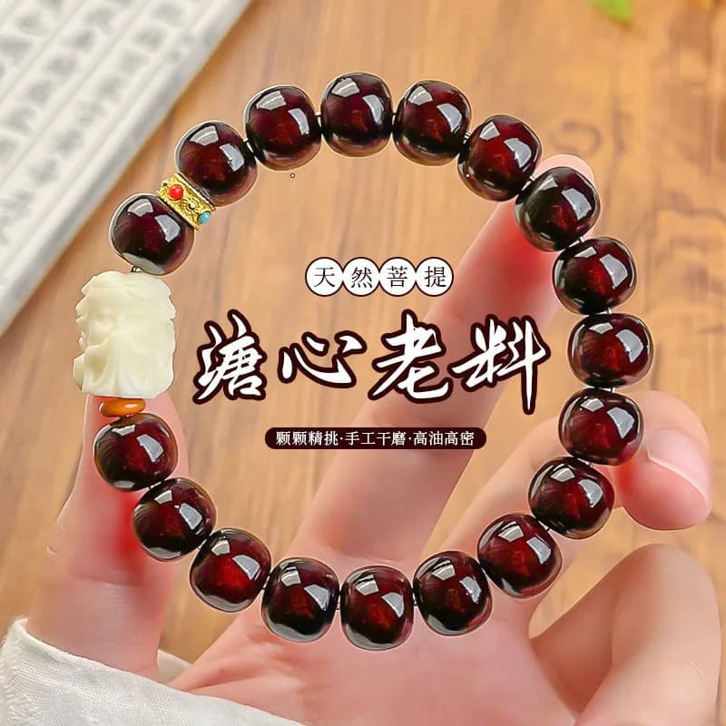 Bracciale ad anello singolo con cuore di Buddha in giada con inchiostro naturale per uomini e donne, avvolgente per le dita, gioco morbido, perline di preghiera della radice di Bodhi