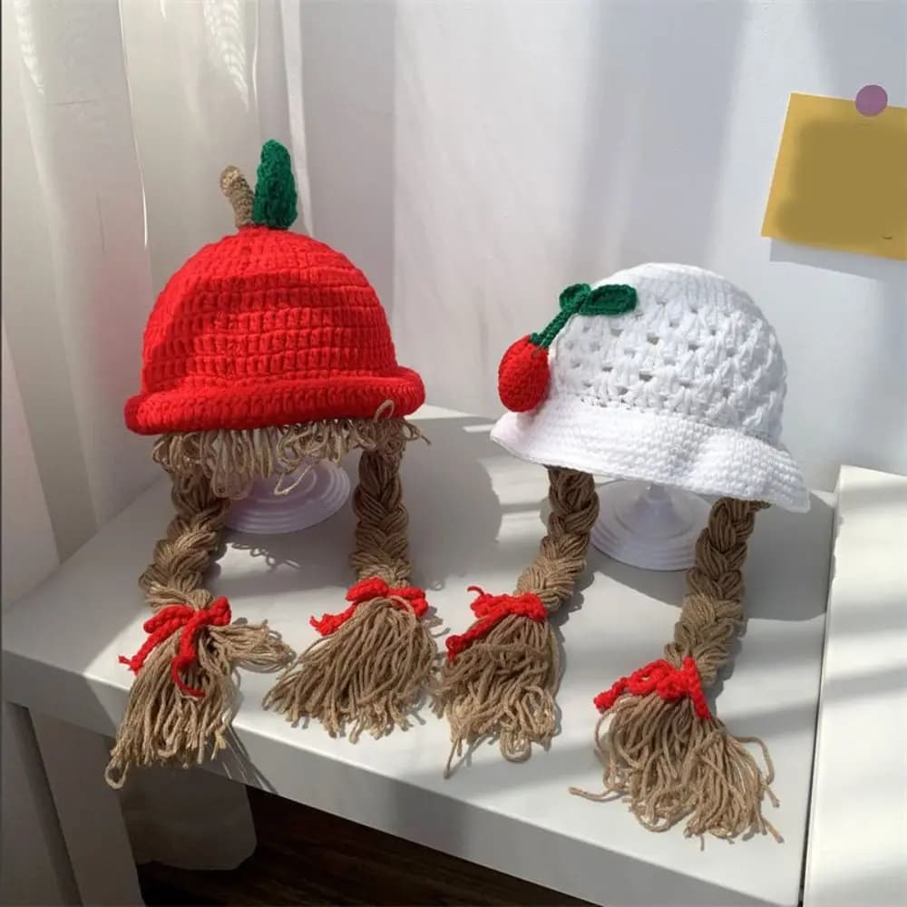 Parrucca da cartone animato alla moda Cappello lavorato a maglia Berretto da bambino in lana di ciliegio con fiocco Cappelli caldi stile coreano Neonato