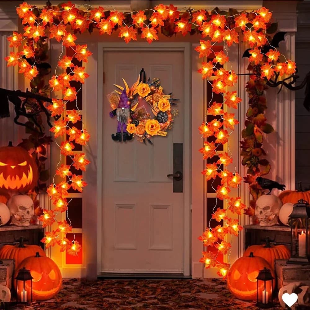 1.5/3/6/10m Halloween LED Lights String,Artificial Maple Leaf Lantern Garland,Christmas Thanksgiving Day Home Decorations