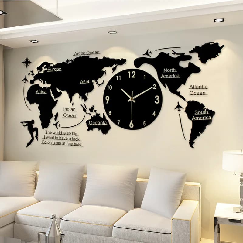 Grande Orologio da Parete 3D Creativo con Mappa del Mondo, Orologi di Lusso per Soggiorno, Decorazione Moderna, Orologio Silenzioso per Camera da Letto