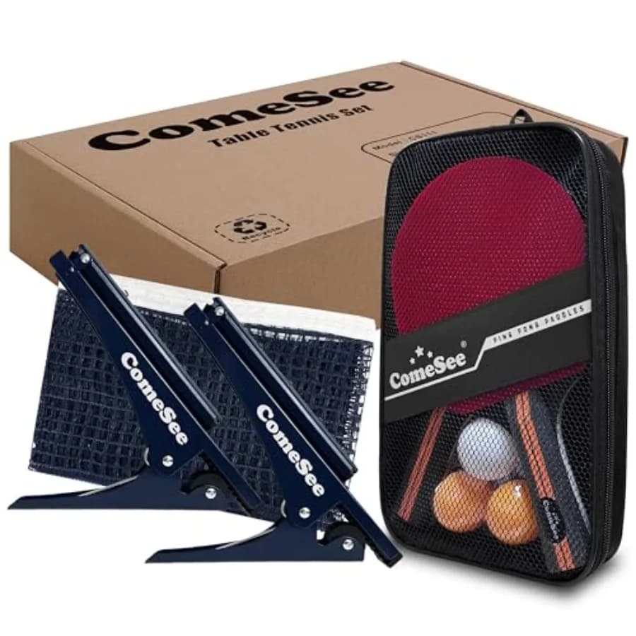 Rete da Ping Pong con Morsetti Pieghevoli e Set di Racchette, Racchette e Palline da Tennis da Tavolo, Pali con Clip a Molla e Custodia