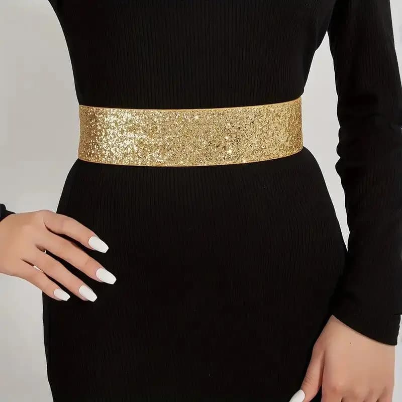 Gold Glitter Wide Elastic Waist Belt Stretchy Decorative Belt For Dresses
