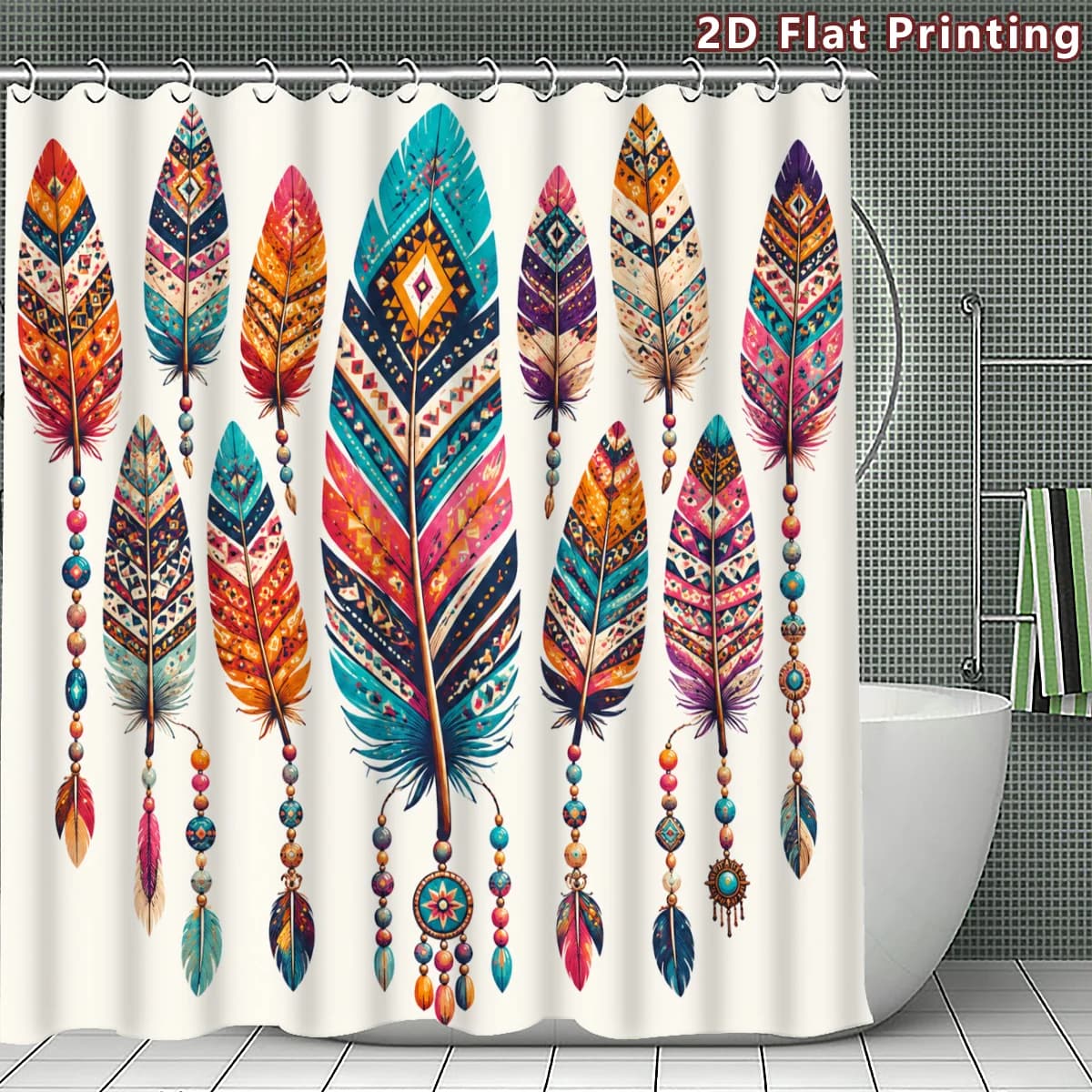 Boho Feather Shower Curtain, Colorful Dreamcatcher Print Waterproof Bathroom Decor, Ethnic Tribal Style Home Bath Screen