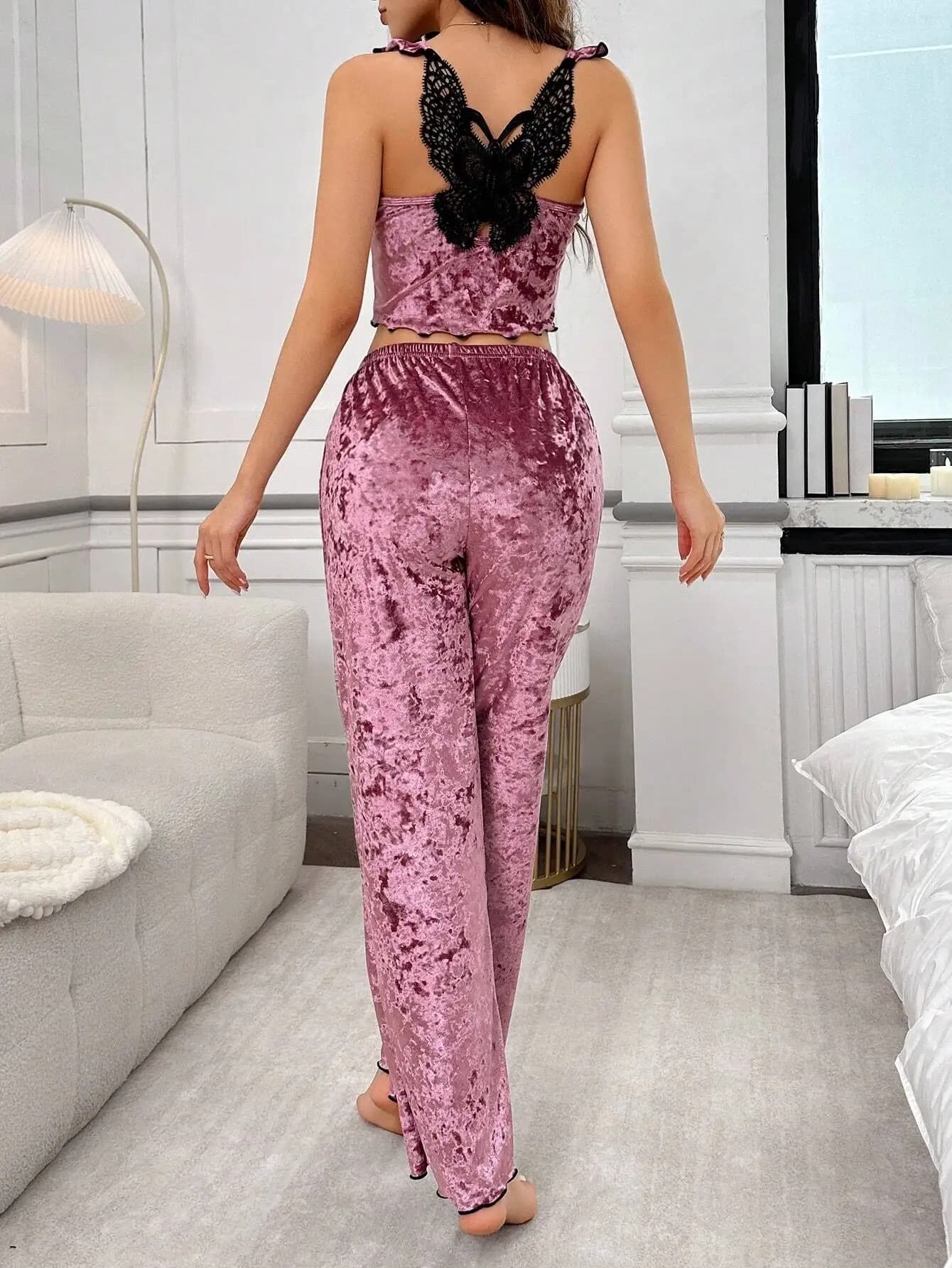 Set pigiama in velluto con top corto con fiocco e spalline sottili e pantaloni a gamba larga, comodo abbigliamento da notte