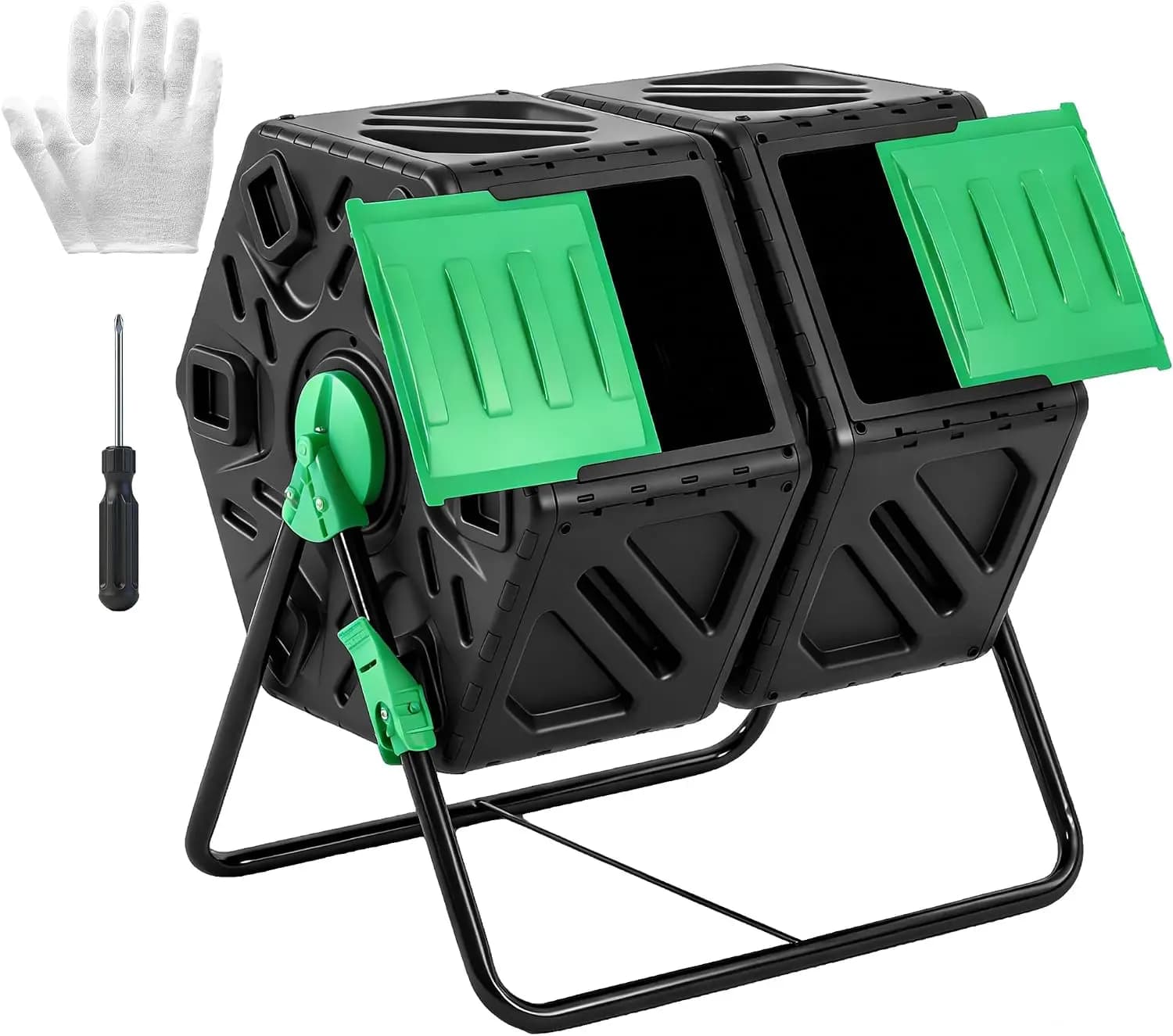 Compost Bin Outdoor 37 Gallon, Separated Dual Chamber Composter Tumbler Outdoor with Gloves, Efficient 360°Rotating Composting