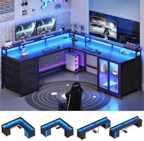 L Shaped Gaming Desk with 4 Drawers, 109” Computer Desk with Display Cabinet, Home Office Desks with 2 Monitor Stands