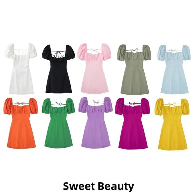 Abito Estivo Nuovo Stile con Effetto Snellente, Collo Quadrato, Multicolore, Maniche a Palloncino Plissettate, Stile Street, Pezzo Unico per 18-24 Anni