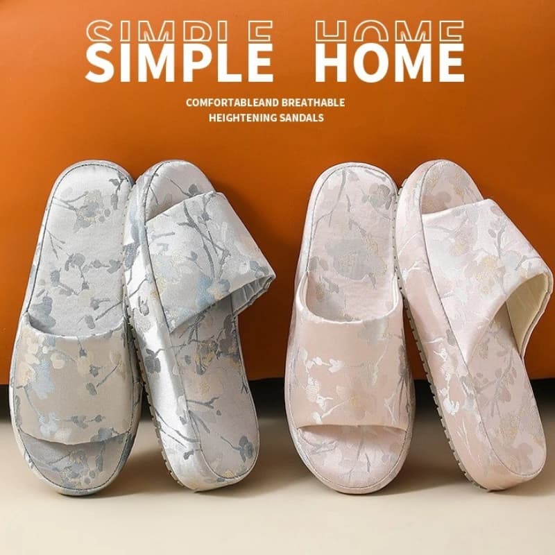 Women's 2026 Chinese Style Indoor Slippers, Silk slippers with floral print, thick sole, for daily use in the house