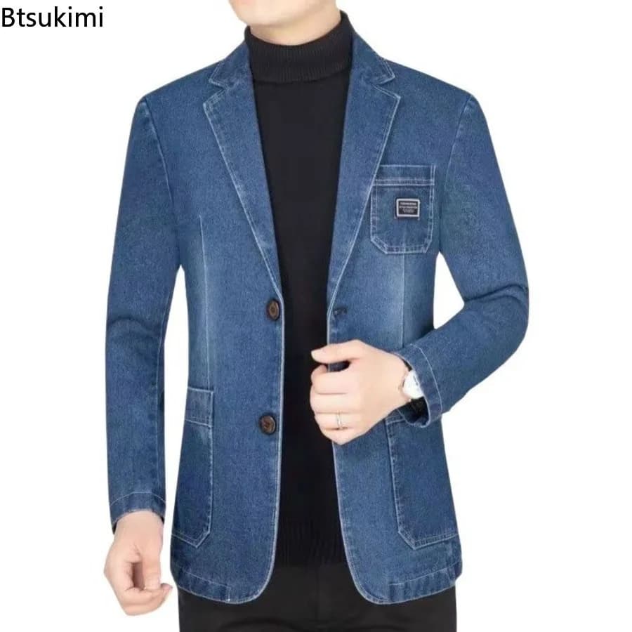 Nuova Giacca in Denim da Uomo Primavera Autunno 2026, Giacca Jeans con Colletto, Cappotto di Alta Gamma, Tendenza Monopetto, Abbigliamento Casual da Uomo