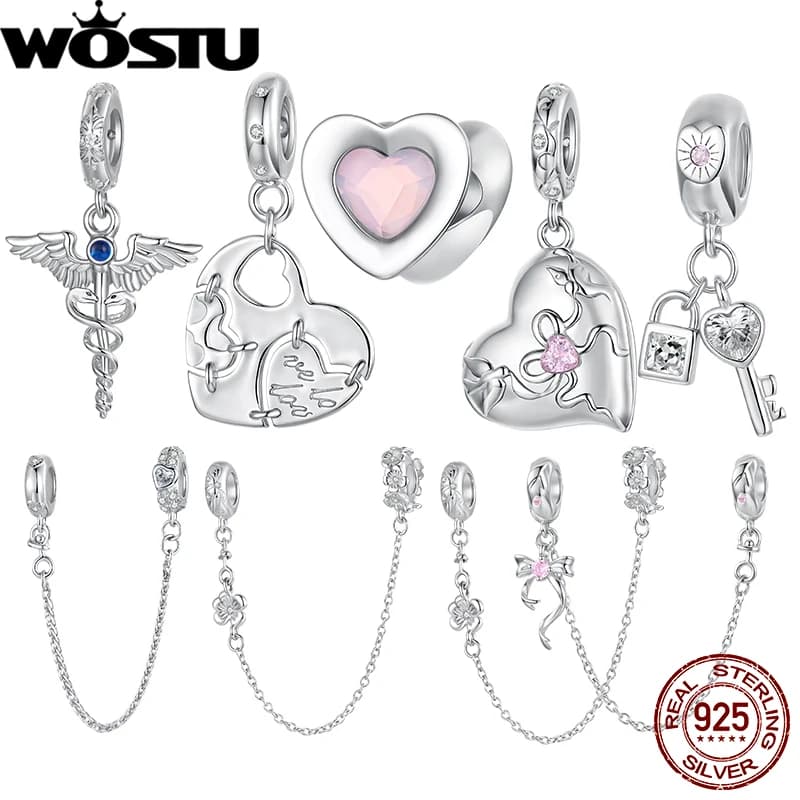 WOSTU Ciondolo a forma di cuore in argento sterling 925 con lucchetto e catena di sicurezza con chiave, adatto per bracciale da donna, regalo di gioielleria raffinata fai da te