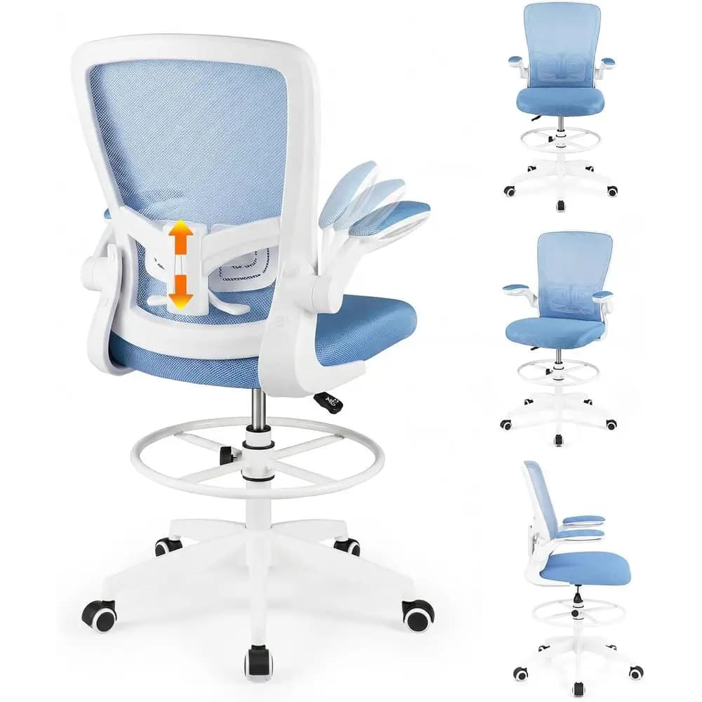 Sedie da Ufficio Ergonomiche, Sedia Alta da Scrivania o Scrivania Regolabile con 3 Cuscini, Funzioni Regolabili e Set Sgabello con Ruote (Blu, 2 Pezzi)
