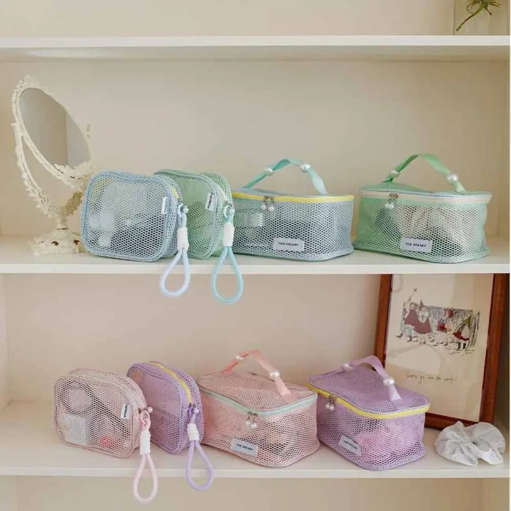 Solid Color Mesh Cosmetic Bag Zipper Large Capacity Transparent Makeup Bag Storage Bag Organizer Case Pillow Makeup Pouch Travel