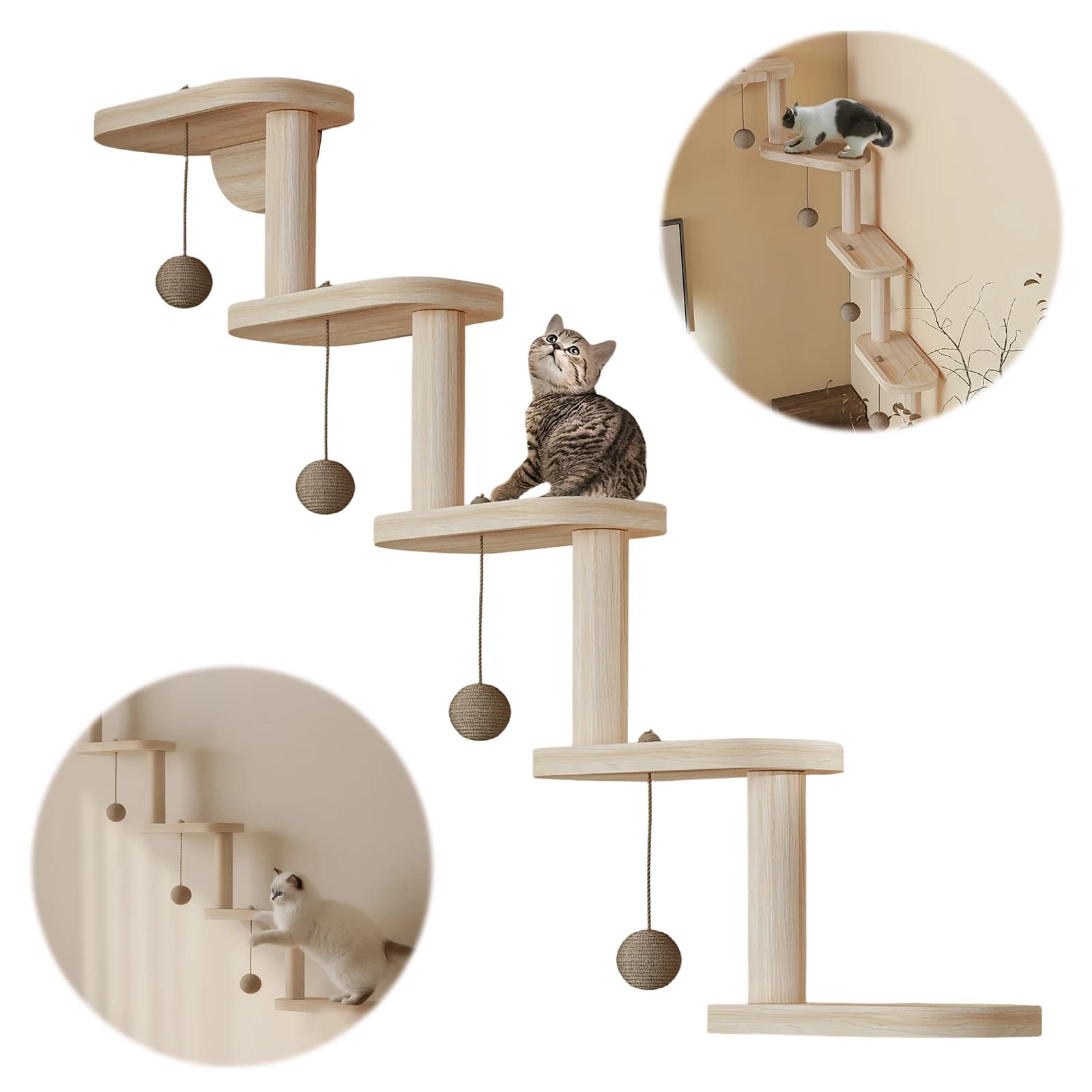 Struttura per Arrampicata per Gatti in Legno da Parete con 5 Ripiani, Scala per Gatti in Legno per Dormire, Giocare e Arrampicarsi