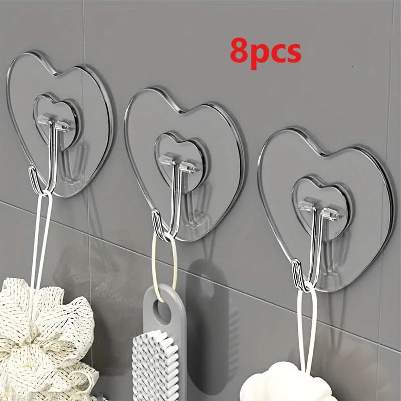 8-Pack Large Heavy-Duty Adhesive Hooks, No-Drill Clear Plastic Suction Cups, Thickened Heart-Shaped