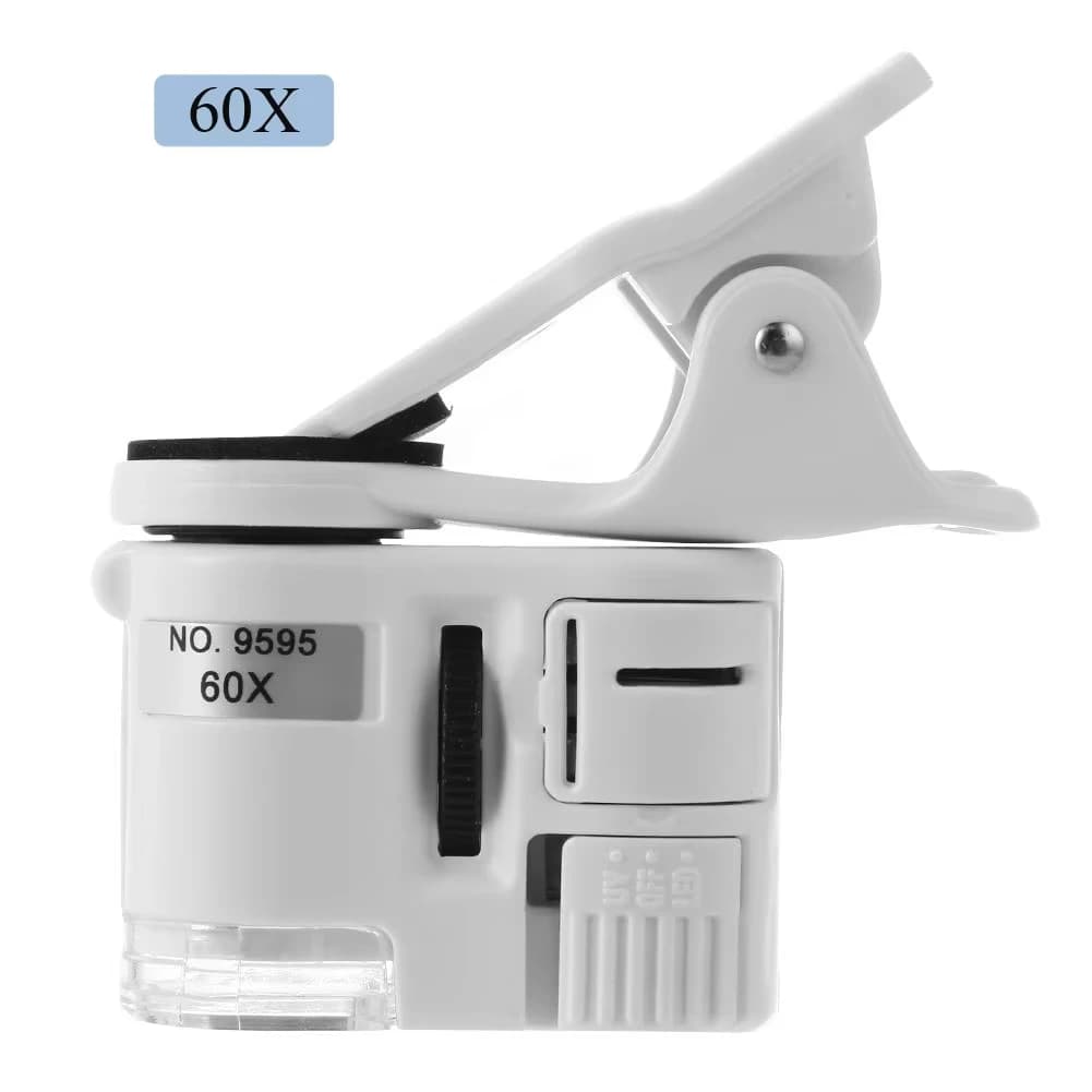 Microscopio per Gioielli LED UV con Messa a Fuoco Regolabile 60X, Clip per Telefono, Lente d'Ingrandimento Universale Tascabile per Ispezione Monete