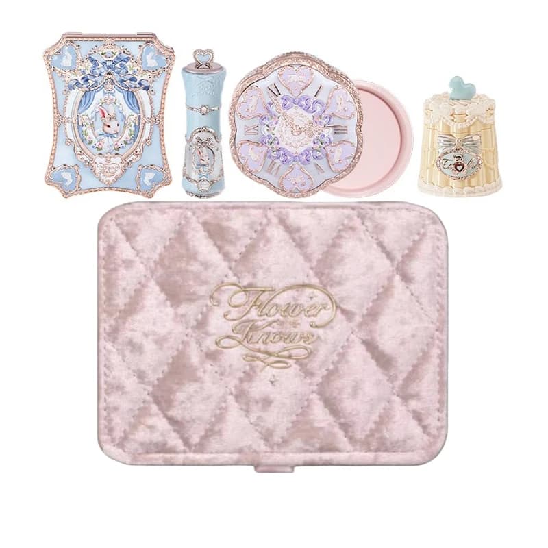 Flower Knows Set Professional Gift Full Make-up: Umbrella, Fondotinta Cushion, Blush, Rossetto e Mascara, Box of Jewelry
