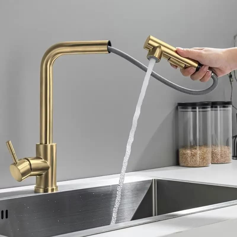 Rubinetto da cucina estraibile in acciaio inox oro spazzolato, con doccetta flessibile a 2 modalità (flusso e spruzzo), miscelatore acqua calda e fredda