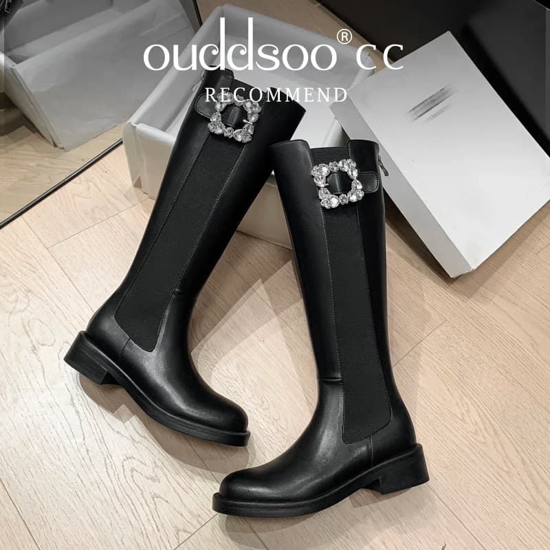 Ods Women's Black Knee-High Boots Shiny Rhinestone Buckle Decoration Flat Sole Elastic Fabric Fashion Party Daily Casual Autumn