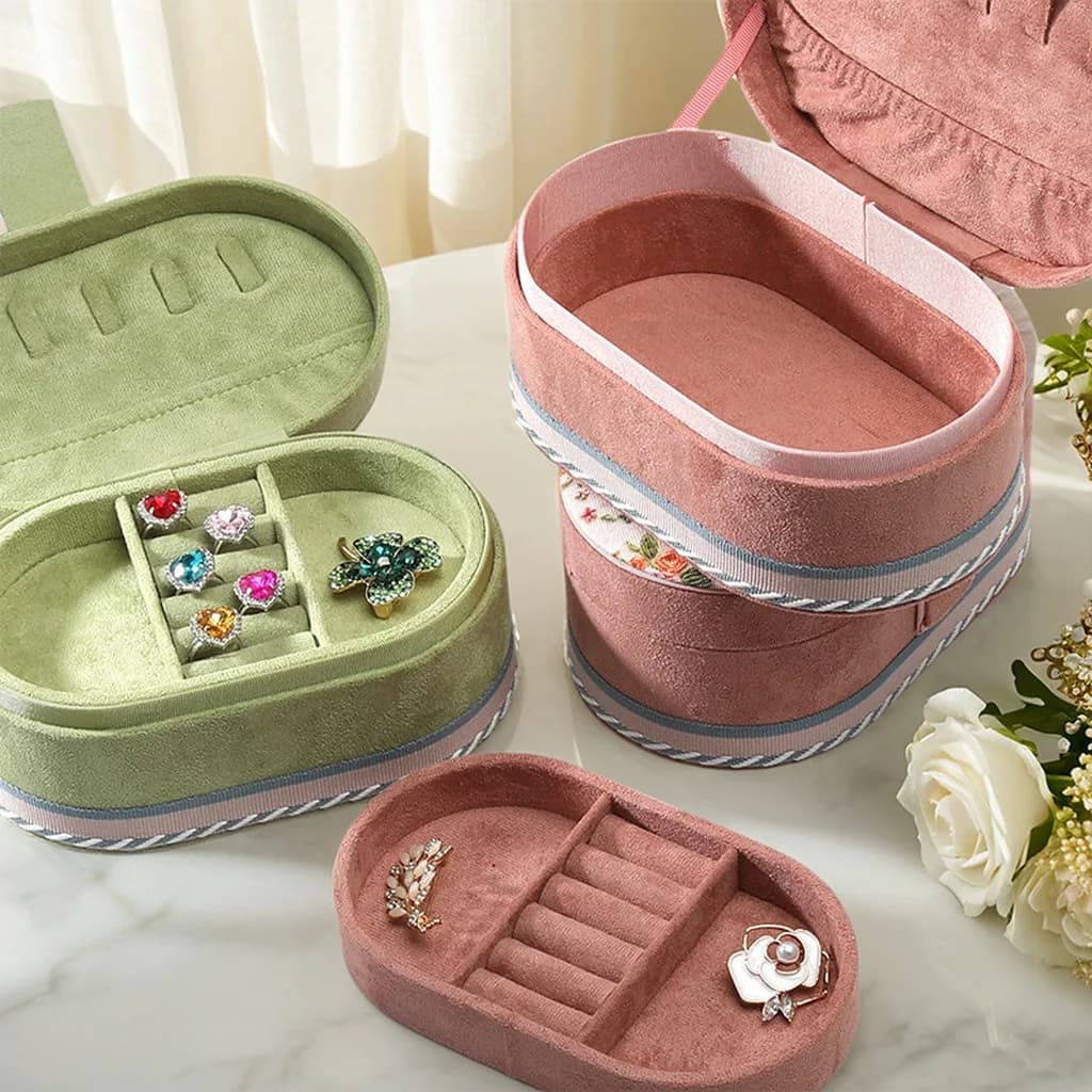 Oval Velvet Jewelry Organizer Double Layer Partition Jewelry Storage Case for Earrings Necklaces Rings Travel Large Jewelry Box