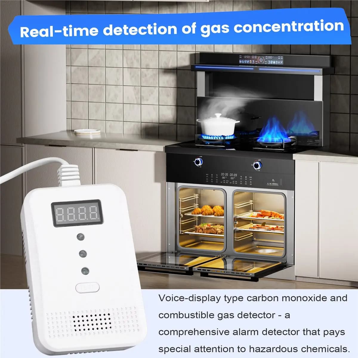 (SPOR) Rilevatore di Gas Combustibile e Monossido di Carbonio con Display Digitale e Allarme Vocale, Spina USA