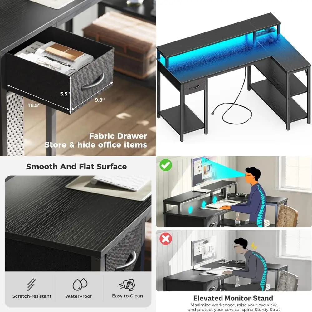 47 L-shaped LED gaming desk with power sockets, black reversible desk with shelves and monitor support for home office