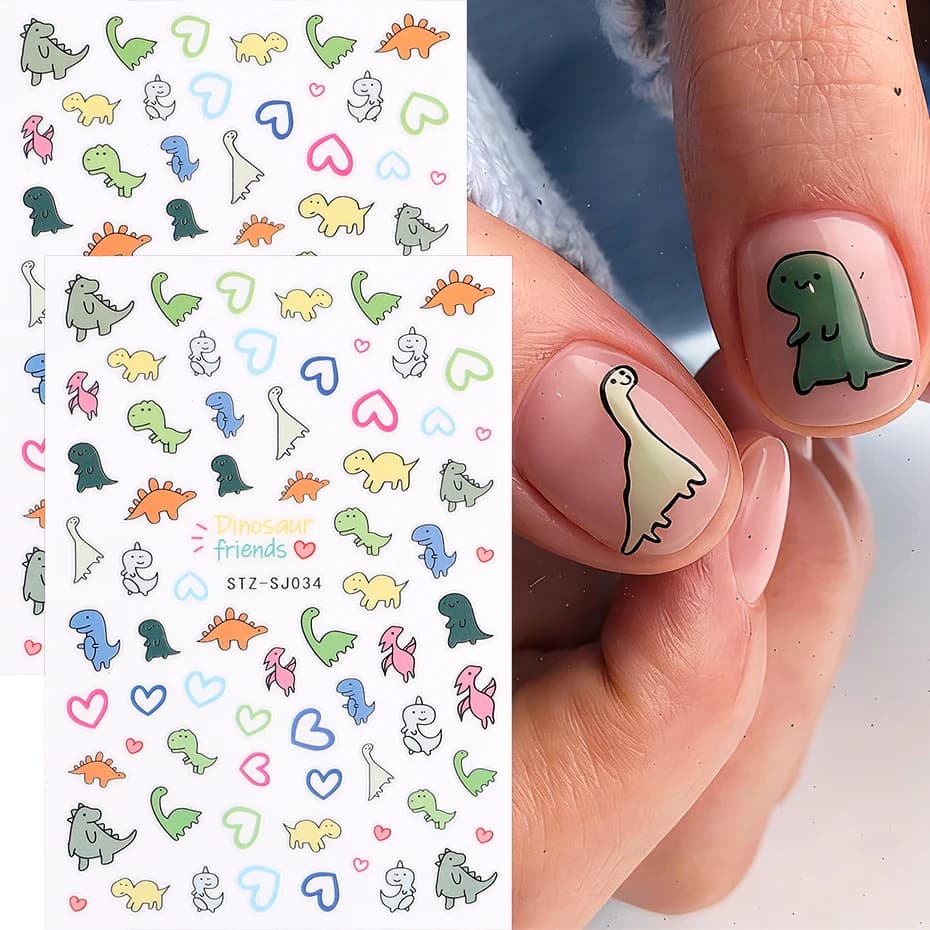 2pcs Cartoon Dinosaur Nail Stickers Cute Little Dinosaur Nail Art Decals Heart Transfer Sticker Nail Adhesive Sliders Manicure
