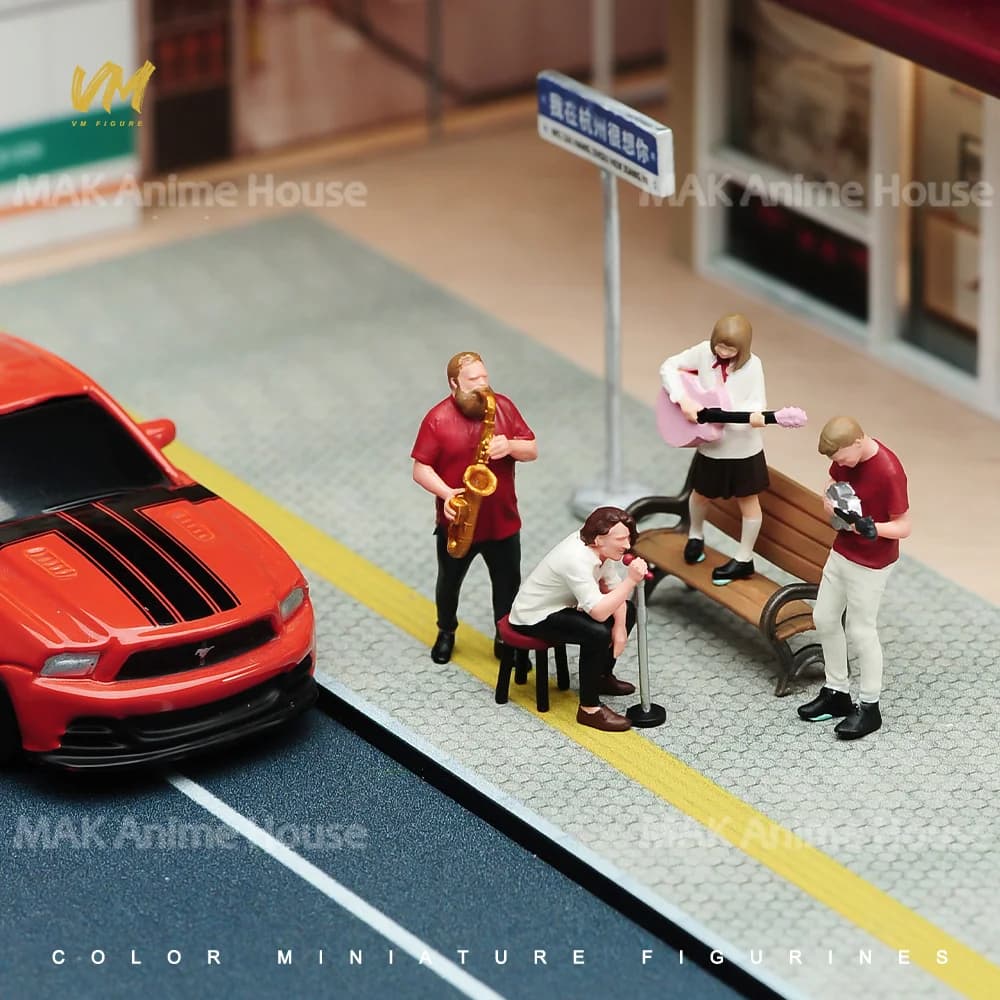 Miniature 1/64 Set di Personaggi Maschili e Femminili Cantanti, Chitarristi, Sassofonisti, Ukulelisti, Modelli Non Dipinti, Statuette per Scene, Giocattoli
