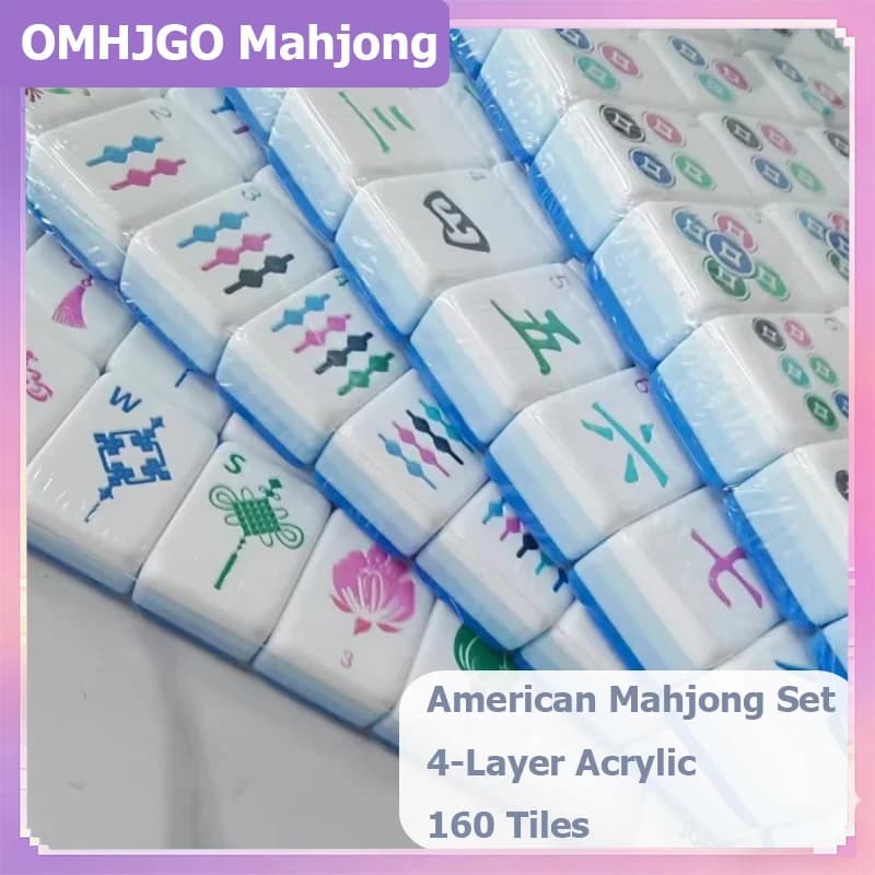 OMHJGO Four Layer Acrylic American Mahjong Set 160 Dark Blue Mahjong Tiles for Home Board Game Surprise Gifts Portable Mah Jongg