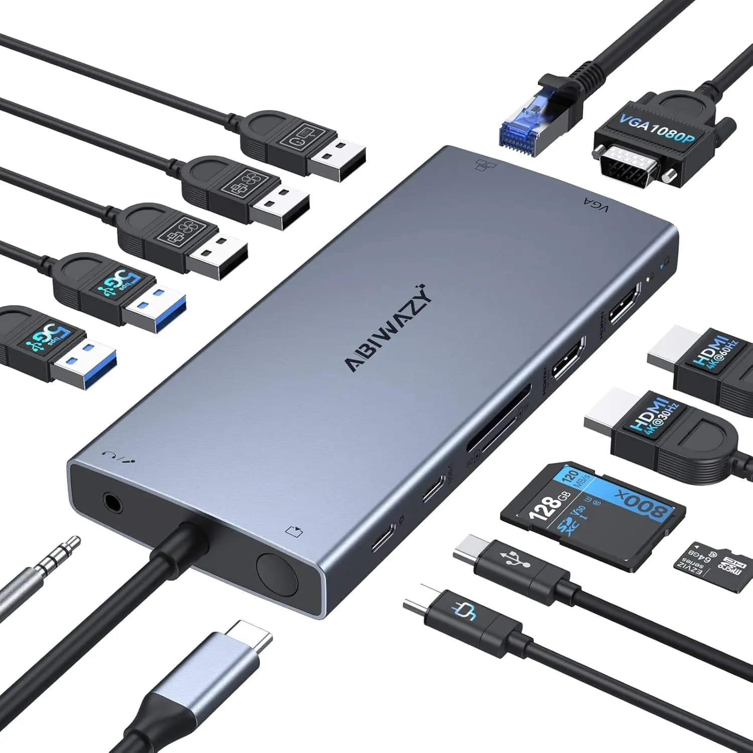 Docking station USB-C 15 in 1 con doppio lettore HDMI, 100 W PD, Gigabit Ethernet e schede SD per laptop