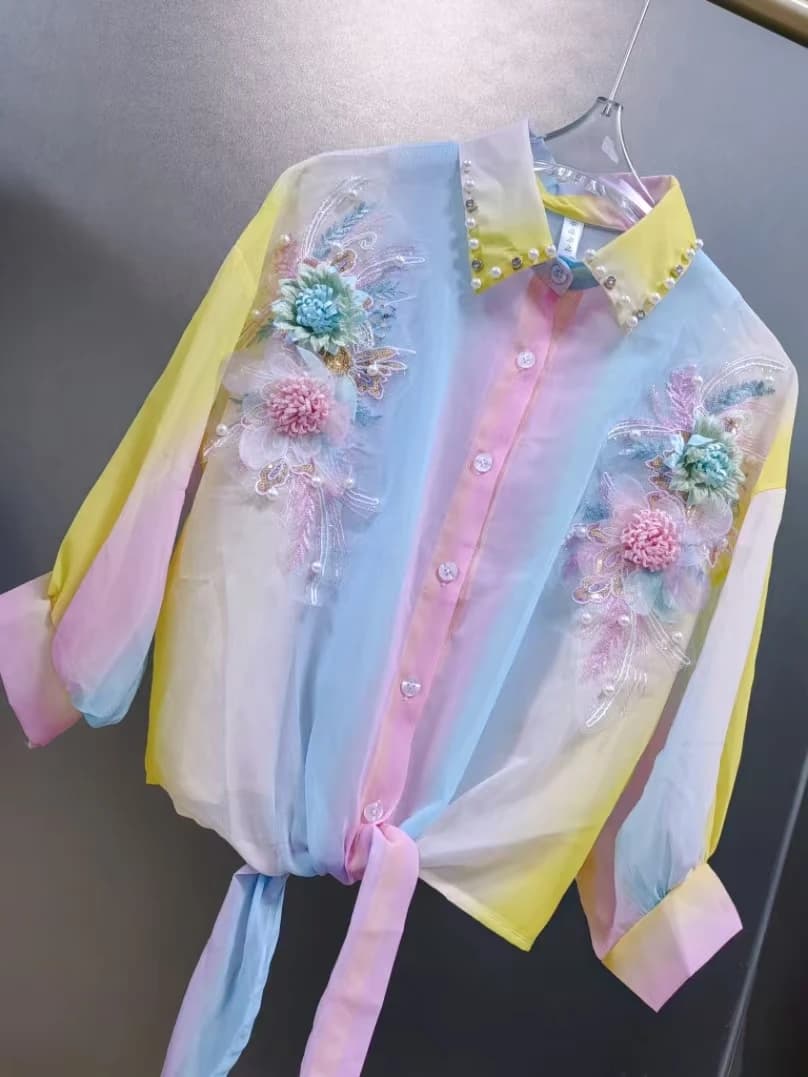 Chiffon rainbow sunscreen shirts with luxurious style flowers Women's streetwear shirts Summer short top Popular Korean dresses