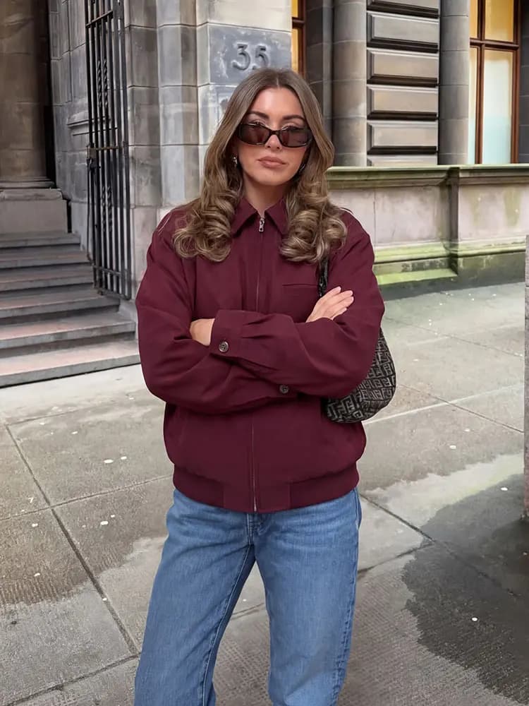 HH Womens Oversized Burgundy Coats Lapel Long Sleeve Zipper Jacket With Patch Pockets Daily Date Casual Streetwear Outings Tops