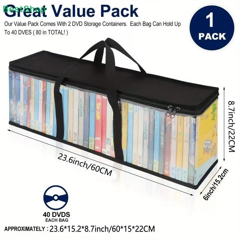 ♫DVD Storage Bag,Clear Zippered Media Organizer for 40 Discs, Portable CD Case Holder with Handles