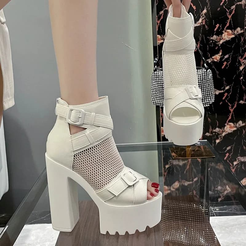 Sandali Donna Primavera Estate con Tacco Largo 14CM in Rete Traforata, Impermeabili, con Plateau, per Discoteca, Spettacoli e Feste
