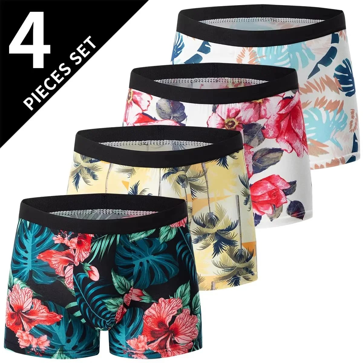 4Pcs Men's Fashionable and Charming Flower Underwear Comfortable and Breathable Crotch Boxers Teenagers Plus Size Underwear