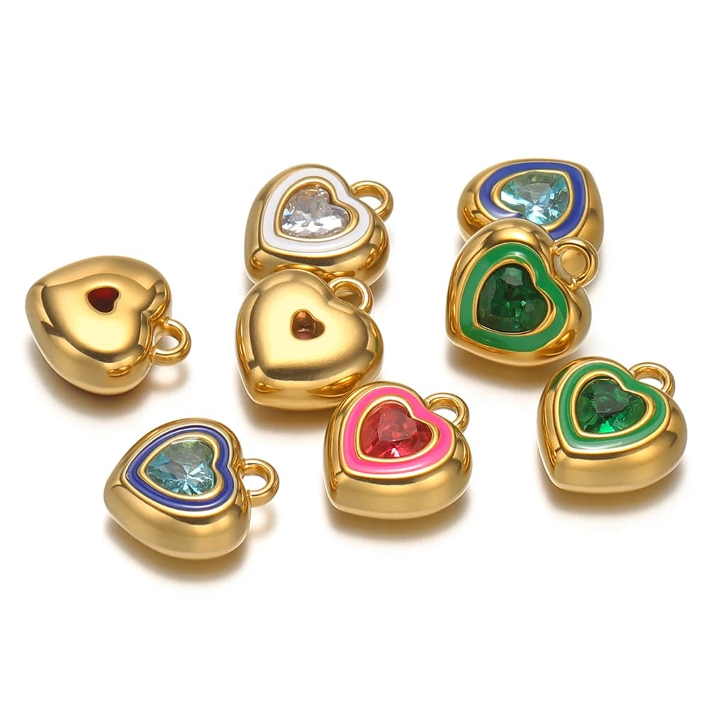 4 pezzi di ciondoli in acciaio inossidabile con zirconi a forma di cuore smaltati per risultati di gioielli fai da te, collane, pendenti, braccialetti, forniture per orecchini