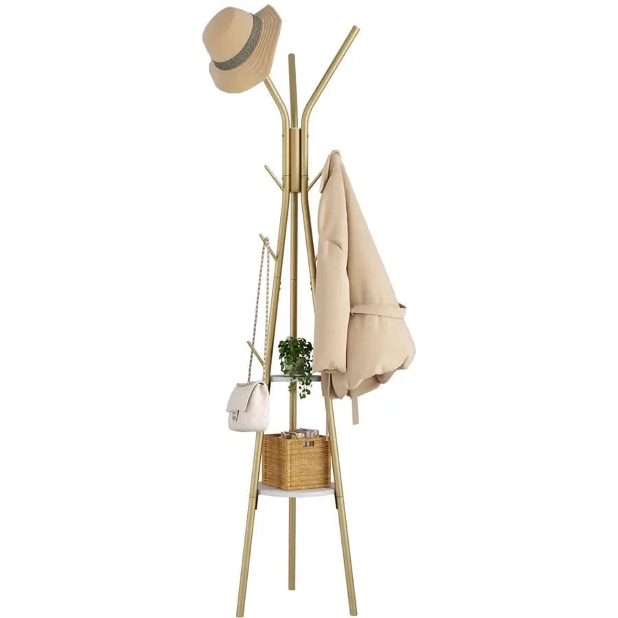 Ground hanger with 2 shelves, self-supporting metal hangers with 12 hooks for clothes, hats and scarves