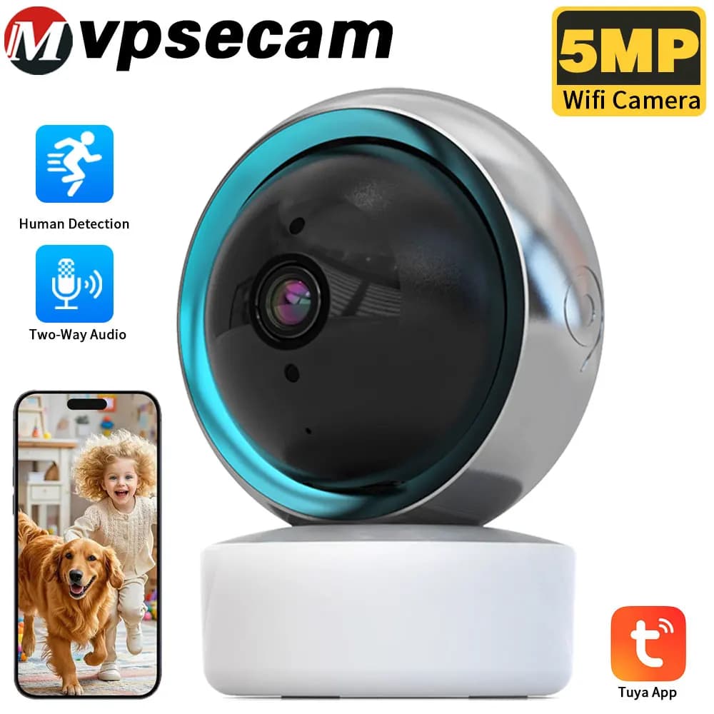 Telecamera di sicurezza WiFi PTZ da interno 5MP Tuya Smart Life per monitoraggio neonati, con tracciamento automatico, audio bidirezionale e sorveglianza wireless.