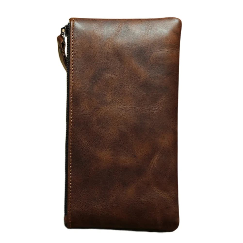 Genuine Cowhide Long Purse Wallet Zippered Multifunction Phone Bag Casual Sleek Soft Retro Design for Women and Men