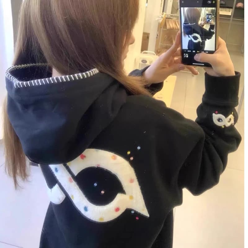 Retro American Polka Dot Letter Embroidery Hoodie Sweatshirt Unisex Loose Couple High Street Jacket Trendy