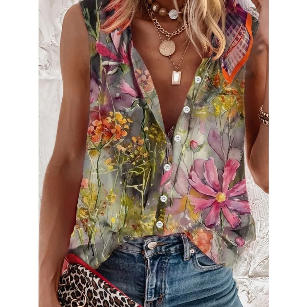 Plus Size 1XL-5XL Summer Canopy New Fashion Women's Sleeveless Printed With Front Buttons