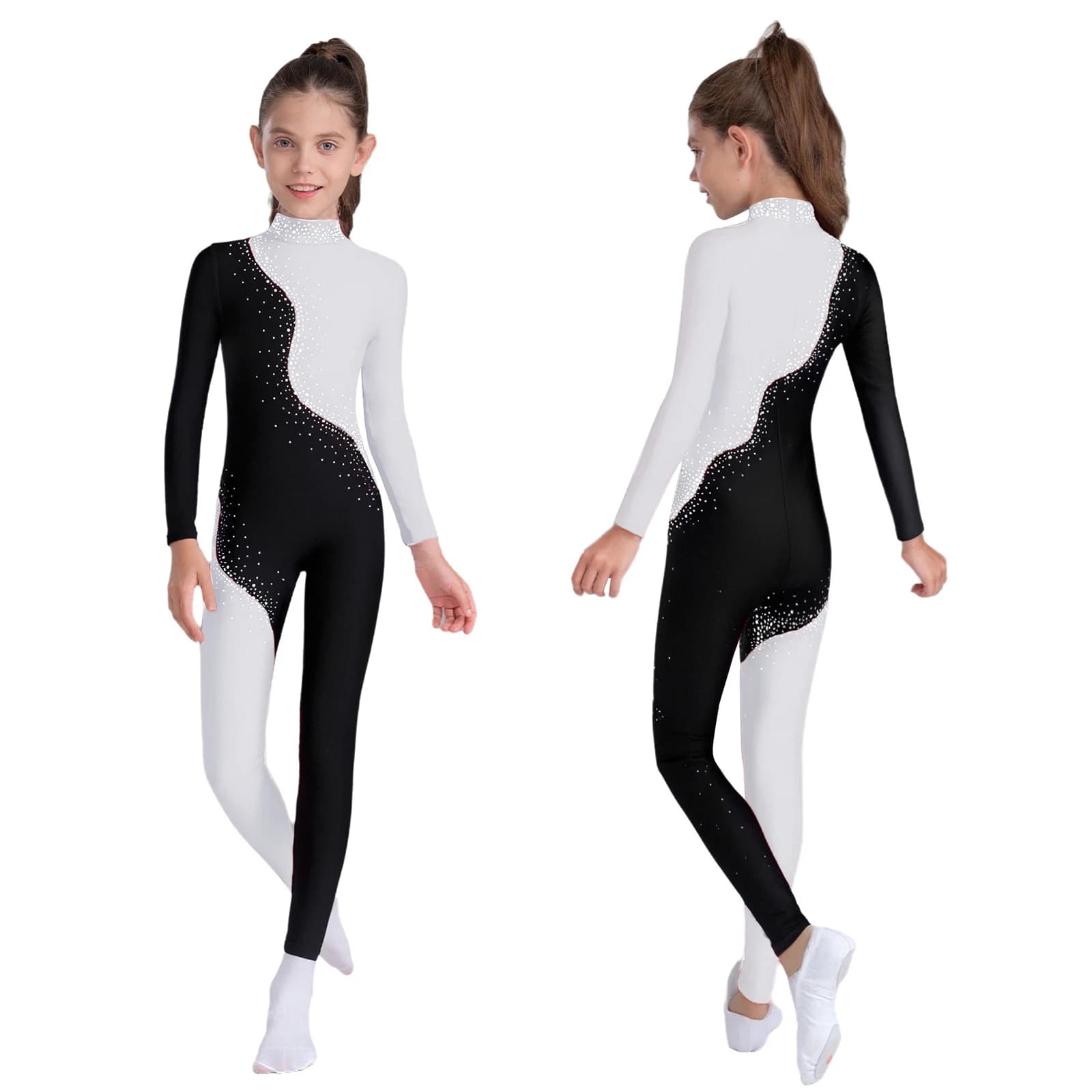 Body per bambina con strass, tuta da ginnastica, pattinaggio di figura, body da ballo, collo a lupetto, manica lunga, body completo a blocchi di colore